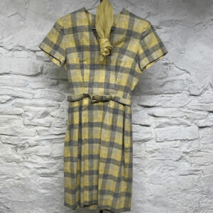 Rockabilly Belted Plaid Yellow Gray Dress Tweed with Sheer Scarf Vintage 50s 60s